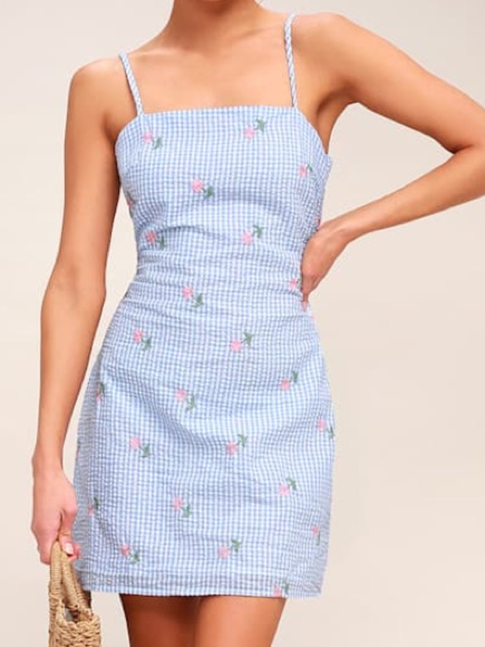 LULU’S GINGHAM PRINT MINI DRESS WITH EMBROIDERED FLORALS